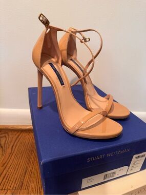 Stuart Weitzman Patent Leather Nude Ankle-Strap Stilettos